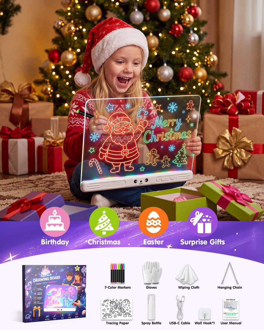 LED Zeichenbrett, Wiederaufladbares Leuchtendes LED Zeichentafel für Kinder mit 7 Farbmodi &amp; Einstel