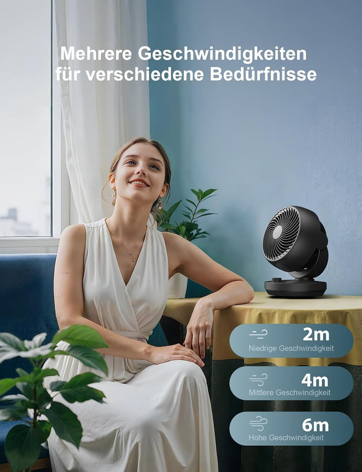 Ventilator Leise, 22dB Tischventilator mit Luftzirkulation, 3D Turbo Air Circulator, 3 Stufen &amp; 100°