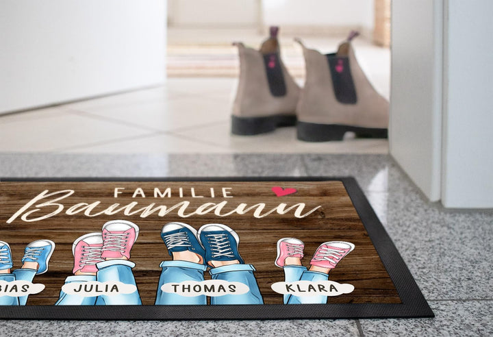 Fussmatte Personalisiert Familie bis zu 4 Kinder Aufdruck Turnschuhe Farben anpassbar rutschfest &amp; w