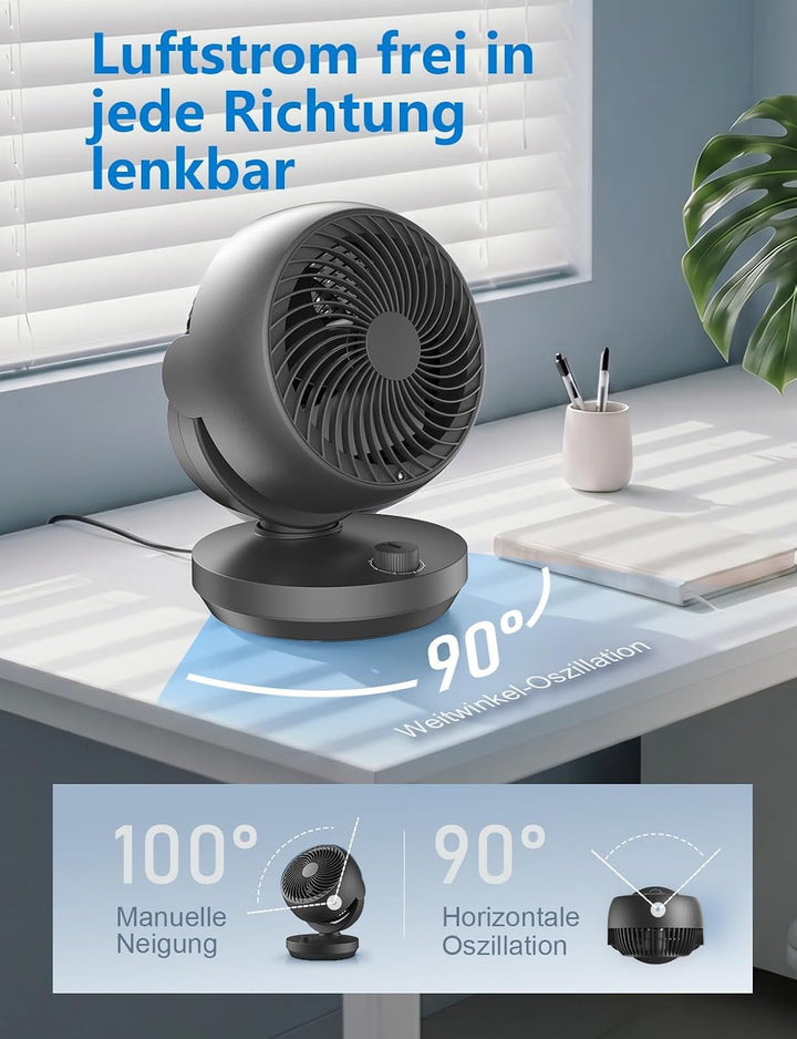 Ventilator Leise, 22dB Tischventilator mit Luftzirkulation, 3D Turbo Air Circulator, 3 Stufen &amp; 100°