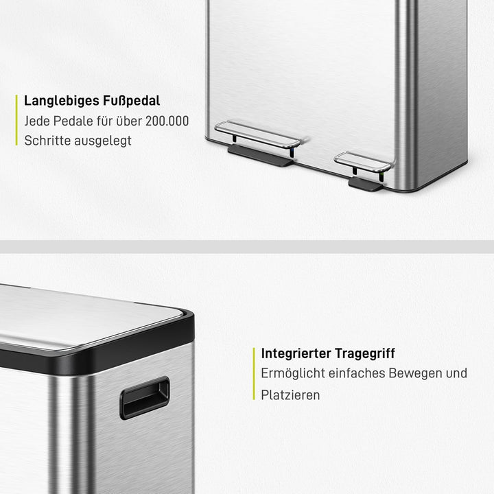 EKO Ecocasa Mülleimer Küche 3 Fächer, 3 x 15 Liter, Abfalleimer mit farbcodierbaren Inneneimern, Tre