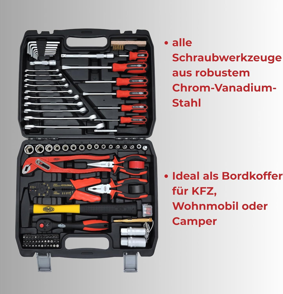 FAMEX 144-47 Werkzeugkoffer gefüllt mit hochwertigem Werkzeug Set bestückt, kompakt - alle Schraubwe