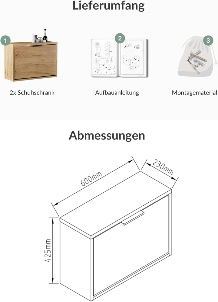 Planetmöbel 2 x Schuhschrank schmal mit 1 Klappe platzsparender Gold Eiche 2x 1 Klappe, Gold Eiche 2