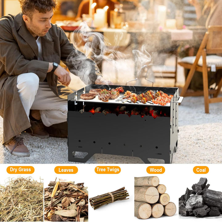 Onlyfire Mobiler Mangal Kohlegrill | Schaschlik Grill mit Plancha Grillplatte &amp; 7 Spiesse, 2 in 1 Tr