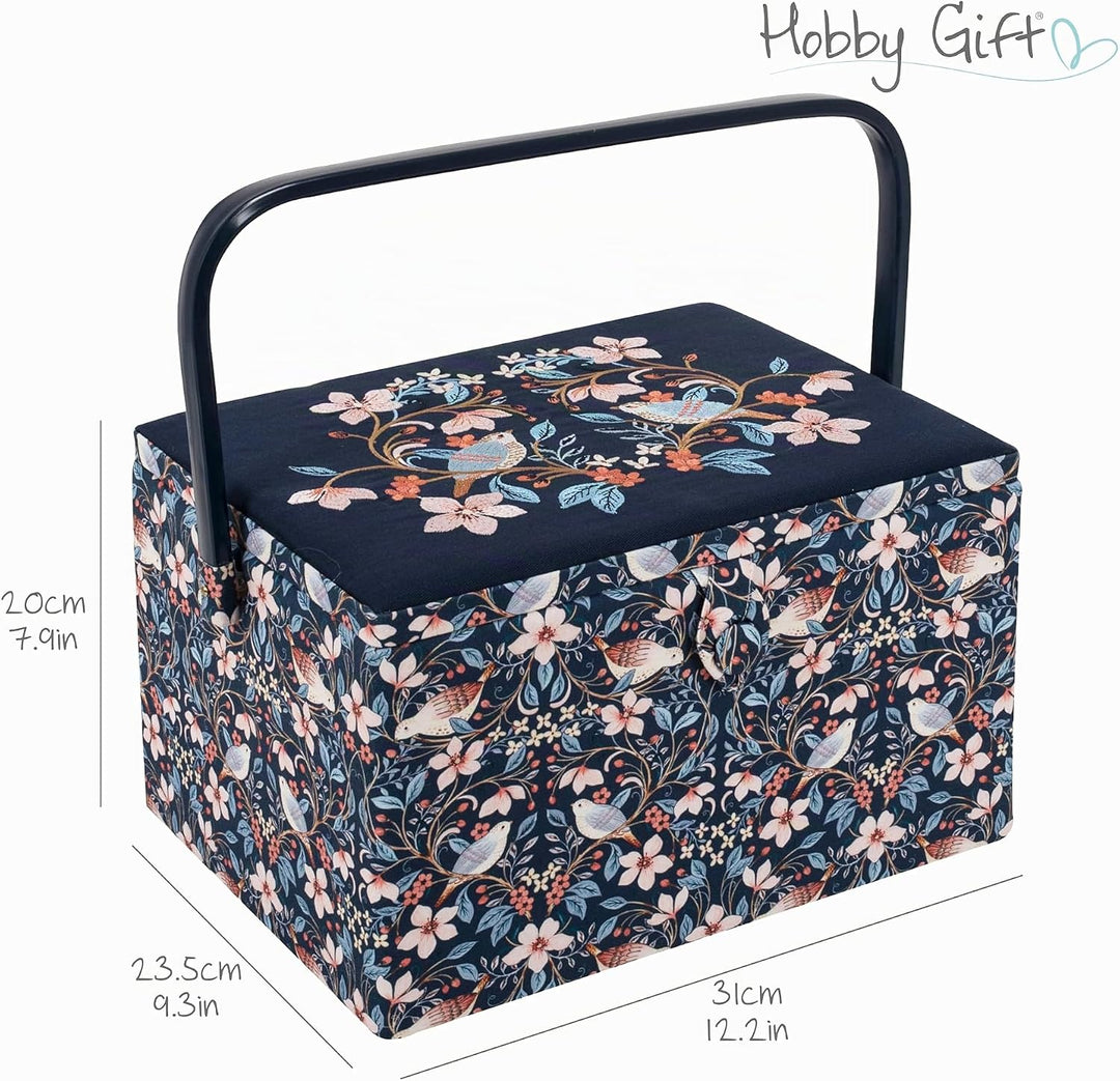 Hobby Gift Grosses Nähkästchen – bestickter Baumwollstoff mit Vögeln in Blumen, mit Kunststoffgriff,
