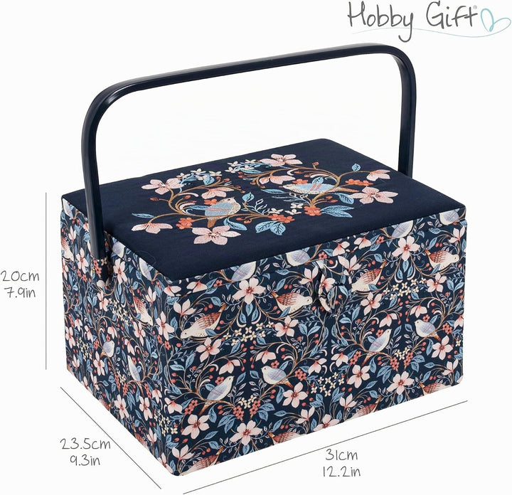 Hobby Gift Grosses Nähkästchen – bestickter Baumwollstoff mit Vögeln in Blumen, mit Kunststoffgriff,