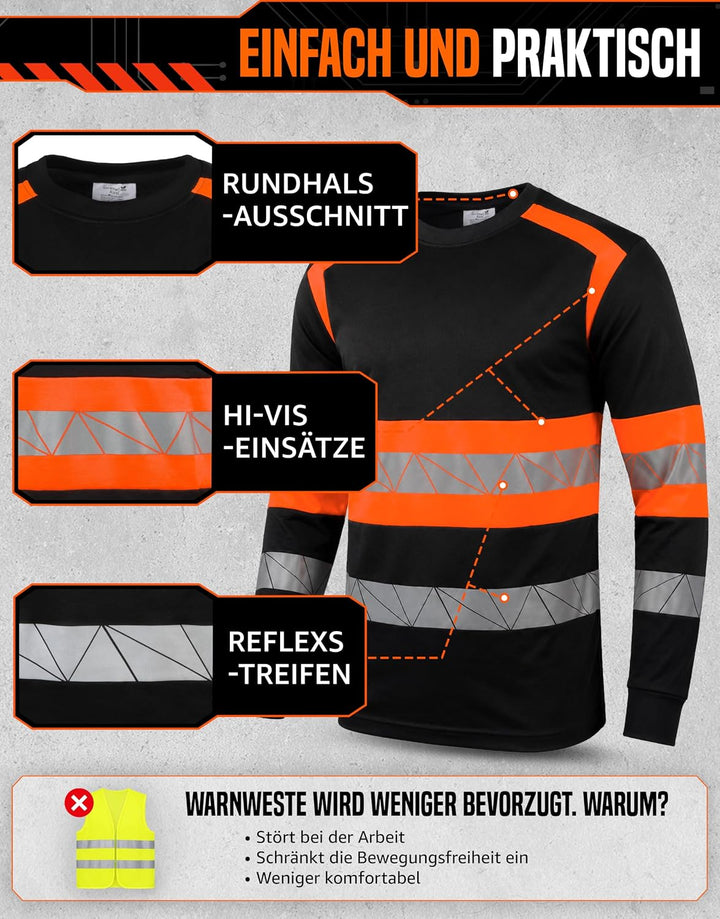 Warnschutz T-Shirt Langarm - Atmungsaktiv Warn Tshirt Herren 3XL Schwarz Orange, 3XL Schwarz Orange