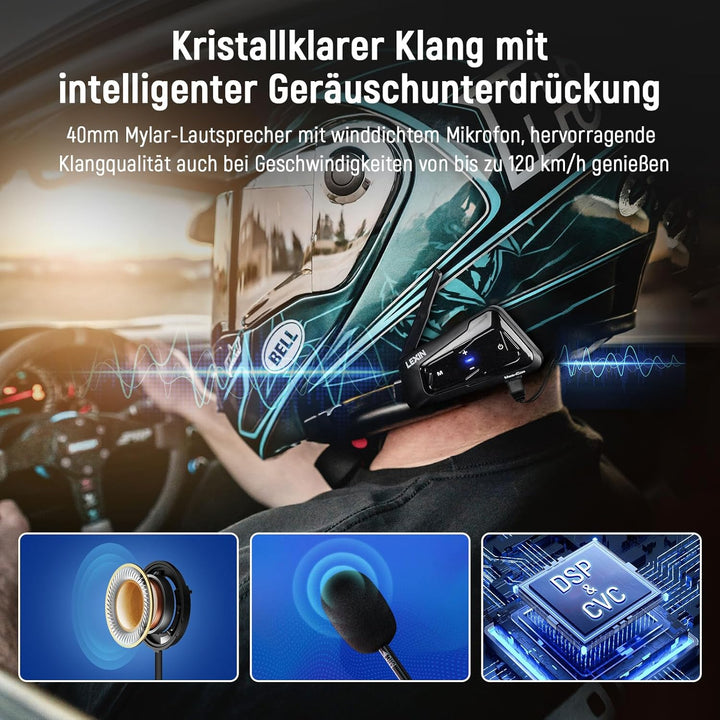 LEXIN MeshCom Mesh 3.0 Helm Intercom, Motorrad Headset Bluetooth 5.0, Motorradhelm Kommunikationssys