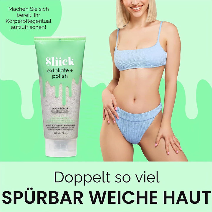 Sliick Exfoliate &amp; Polish Body Scrub Bimsstein und Glykolsäure vor und nach dem Wachsen