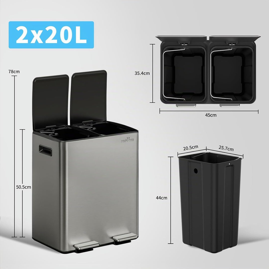 mVm Mülleimer Küche,40 Liter Treteimer,2 x 20 Liter Treteimer, 2 Fächer, Mülltrennsystem, Abfalleime