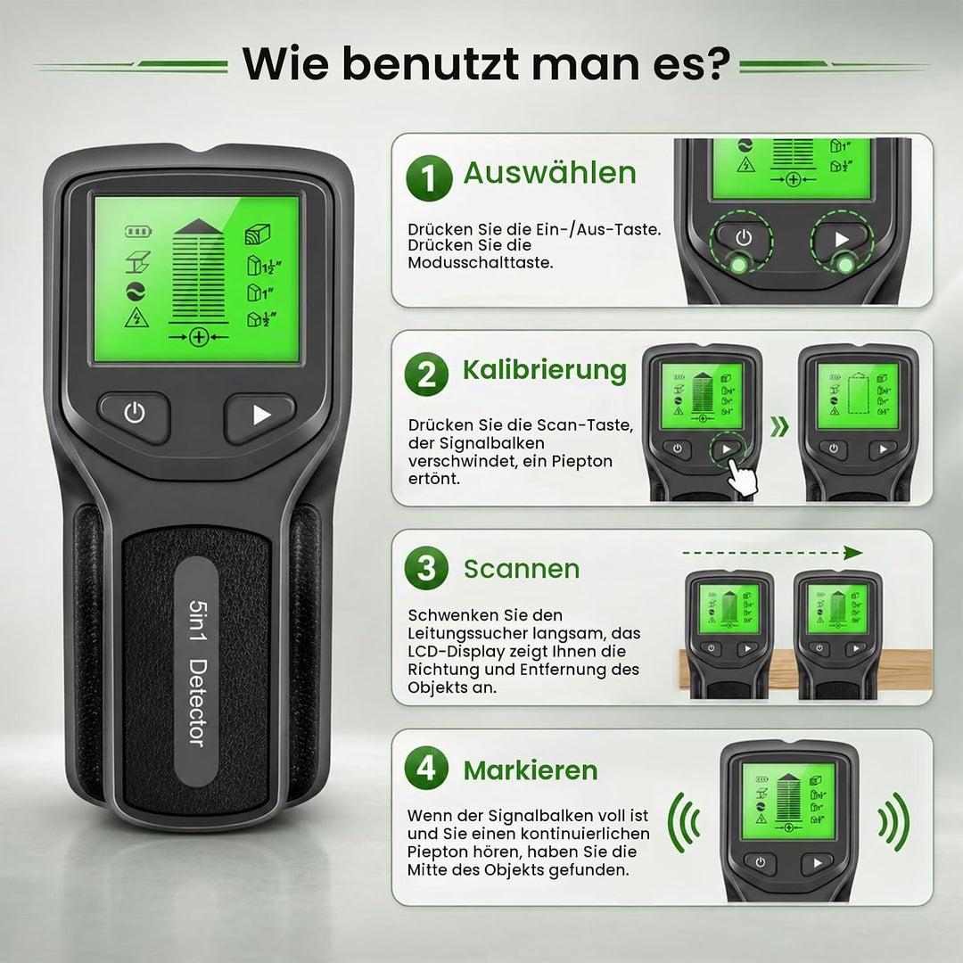 5 in1 Leitungssuchgerät Ortungsgerät Wand, Leitungssucher Stromleitungen mit HD-LCD-Display und Audi