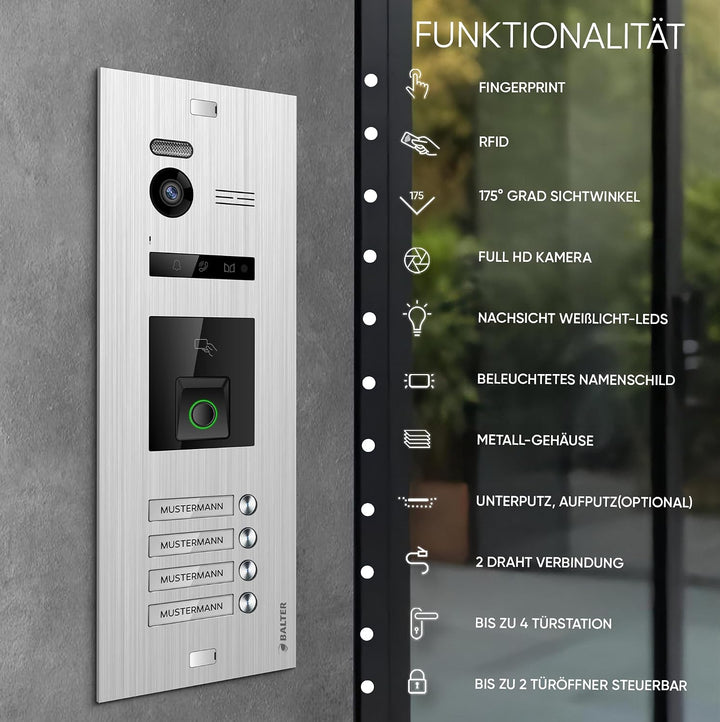 Balter EVO-HD Video Türsprechanlage mit Fingerprint, Video Türklingel, 4 Familienhaus, 4X 7 Zoll Mon