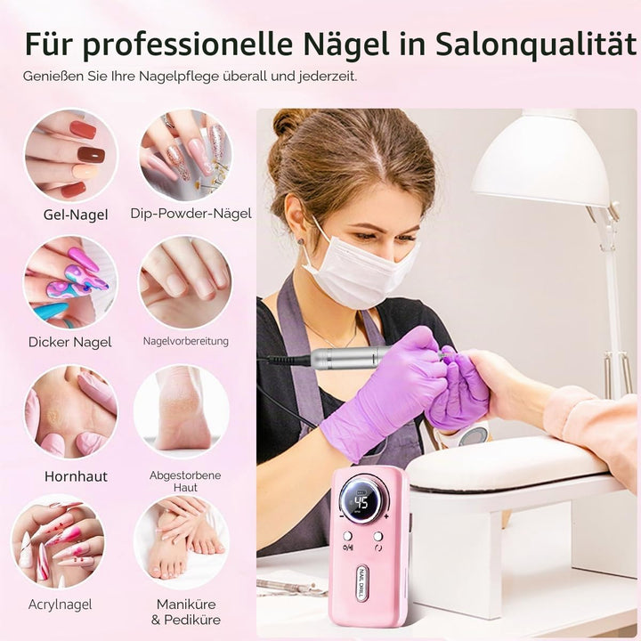 Elektrische Nagelfeile/Nagelfräser 45000 U/min [LCD+12 Köpfe] – Leise aufladbare Nagelmaschine mit 1