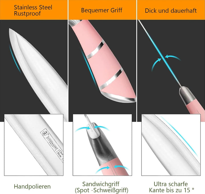 9-tlg Messerset mit Drehbare Acryl Messerblock, Rosa Sharp Antihaft Beschichtete Kochmesser Block Se