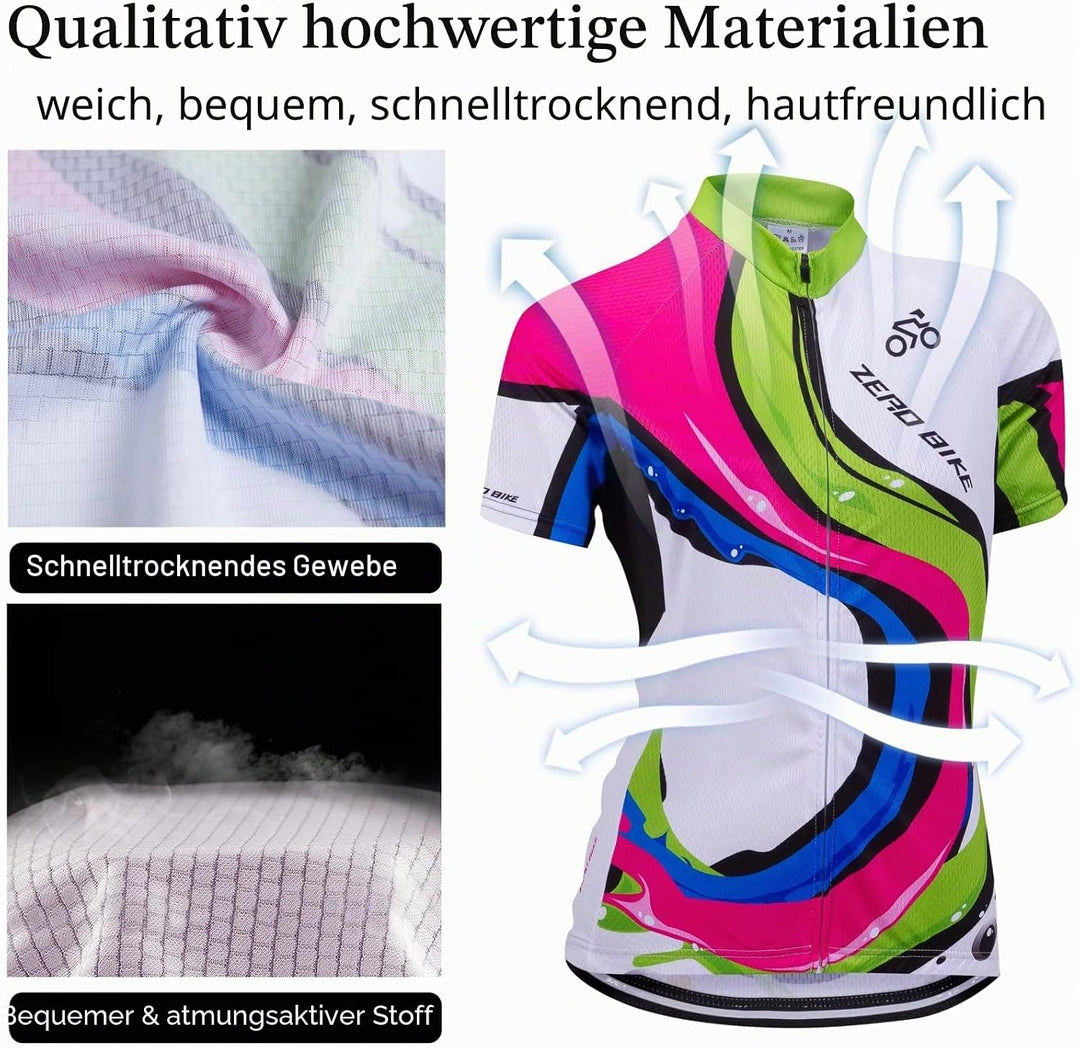 Damen Atmungsaktiv Schnelltrocknend Fahrradtrikot Set, Outdoor Kurzarm Radsport-Shirt + 3D Gel Gepol