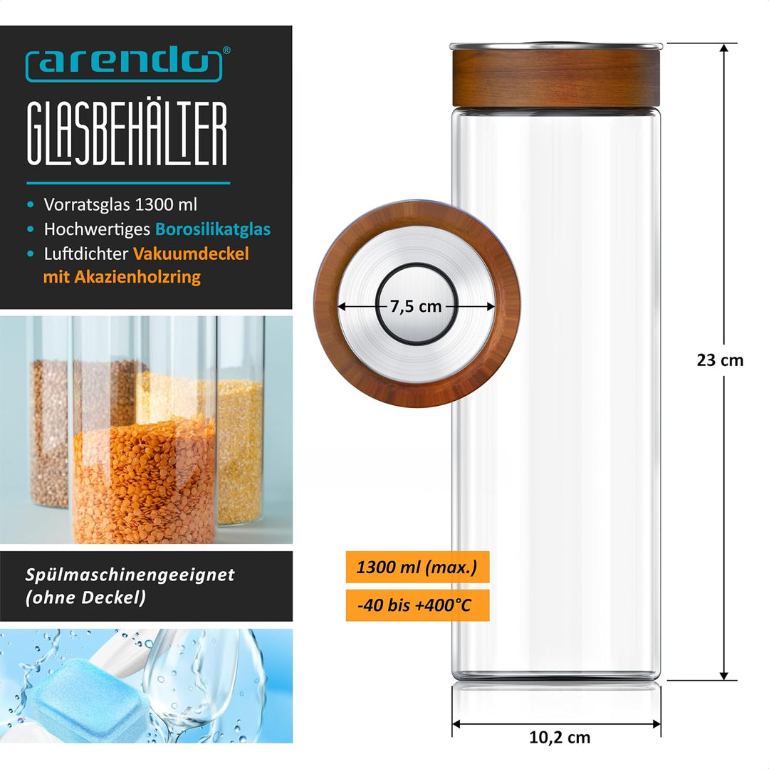 Arendo - Vorratsglas mit Vakuumdeckel luftdicht – rund – 1300 ml – Borosilikatglas – Silikondichtung