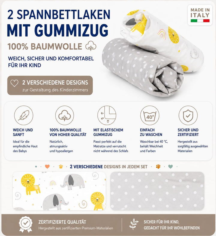 FlyIdeas 2 Spannbettlaken für Babybett Kinderbett 140x70 cm 100% Reine und Sanft Baumwolle Zertif |