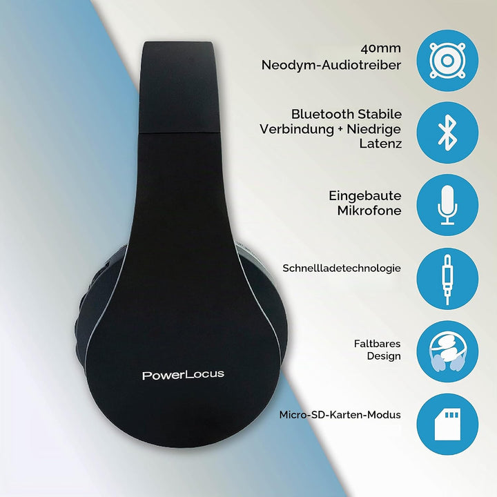 PowerLocus Bluetooth Kopfhörer Over Ear, Kabellose Kopfhörer, HiFi Stereo, Faltbare Kopfhörer mit Mi