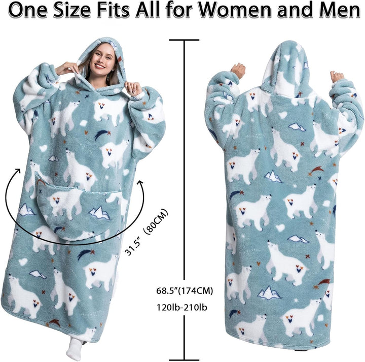 Hoodie Decke Extra Lang mit Kapuze und Tasche für Damen Herren Eisbär, Eisbär