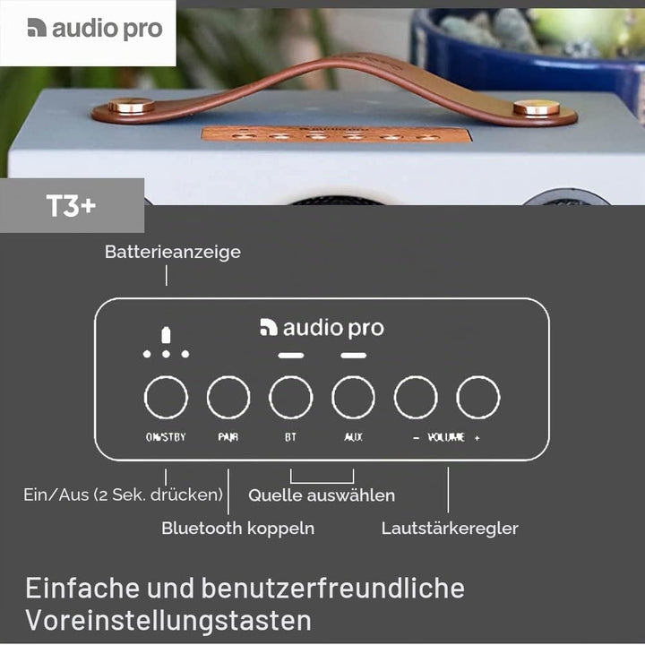 Audio Pro Addon T3+ White - Tragbarer Lautsprecher mit Bassreflexbox, Bluetooth &amp; WiFi - Kabelloser