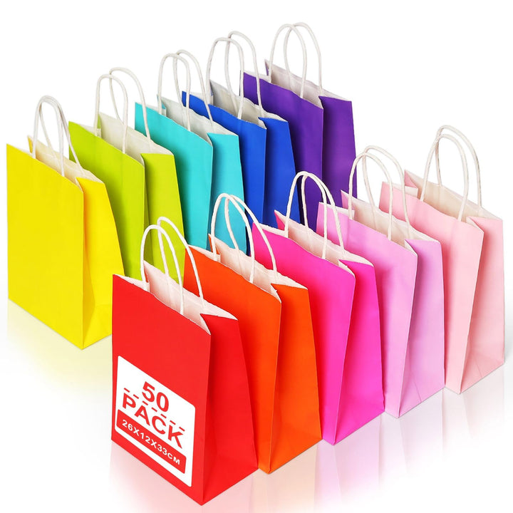 Gucass 50 Stück Gross Papiertüten mit Henkel, Bunt Kraft Papiertaschen Geschenktüten, 26x12x33cm Pap