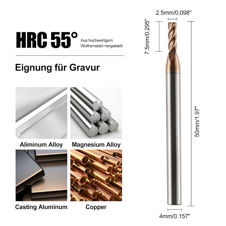 5 Stück CNC-Fräser 2.5mm Hartmetall AlTiN 55HRC, 4-Schneidig für Schruppen/Schlichten VHM Schaftfräs