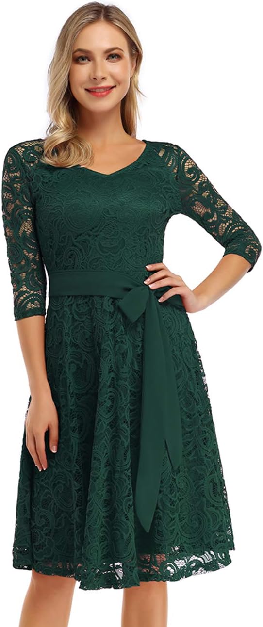 KOJOOIN Damen Vintage Brautjungfernkleider für Hochzeit Knielang Spitzenkleid Cocktailkleid Ballklei