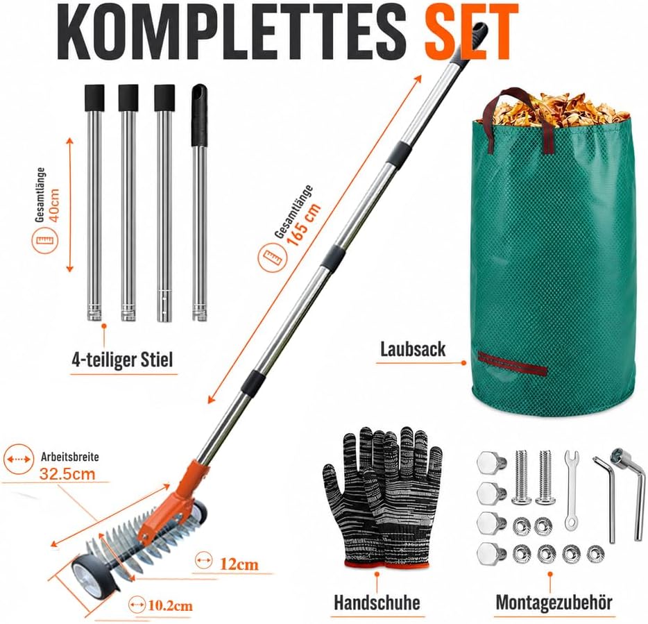 Handvertikutierer mit Rollen, 165cm Vertikutierrechen Garten, Rasenrechen mit Rädern, Laubrechen mit