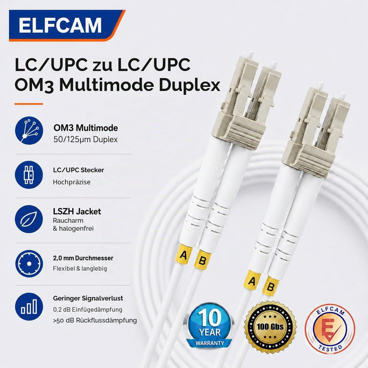 Elfcam® - 10m LC/UPC zu LC/UPC OM3 Multimode Duplex 50/125um LSZH Glasfaserkabel (Optisches Jumper),