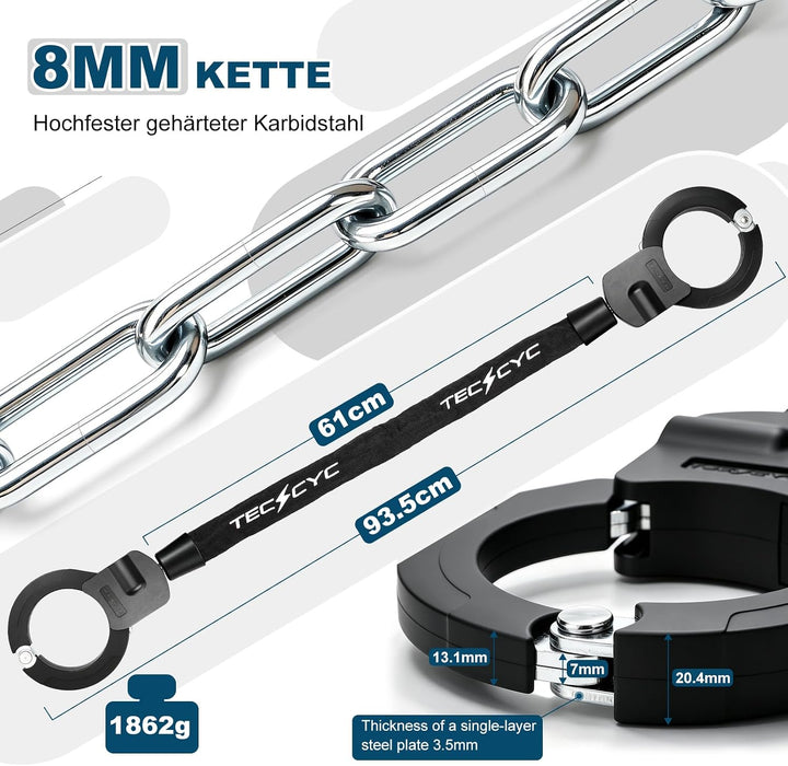 TECHCYC E-Scooter Schloss 8mm | Handschellenschloss 3 Stufen Verstellbare | Gehärteter Stahl | gegen