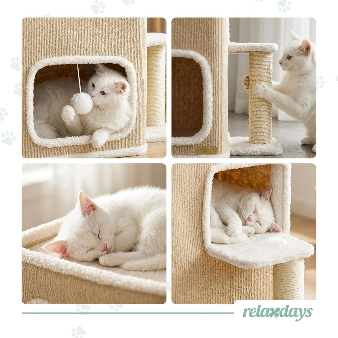 Relaxdays Katzenhaus 2-stöckig, Katzenhöhle mit Ball &amp; Kratzbaum, beige, Beige