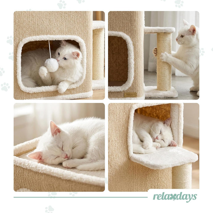Relaxdays Katzenhaus 2-stöckig, Katzenhöhle mit Ball &amp; Kratzbaum, beige, Beige
