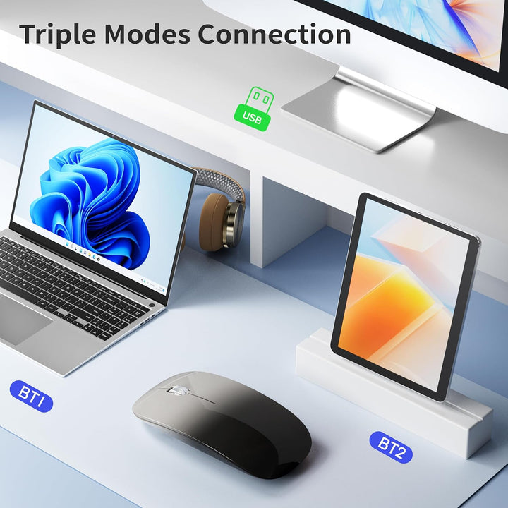 Uiosmuph Bluetooth Maus, Kabellose Maus mit USB-Nano-Empfänger, Tri-Mode (Dual Bluetooth 5.1 + 2.4GH