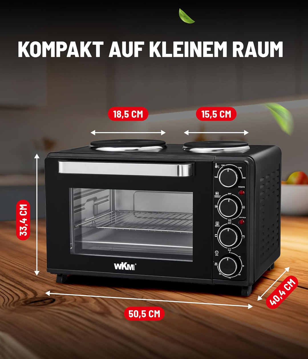 WKM Mini Backofen mit Kochplatten Schwarz 30L