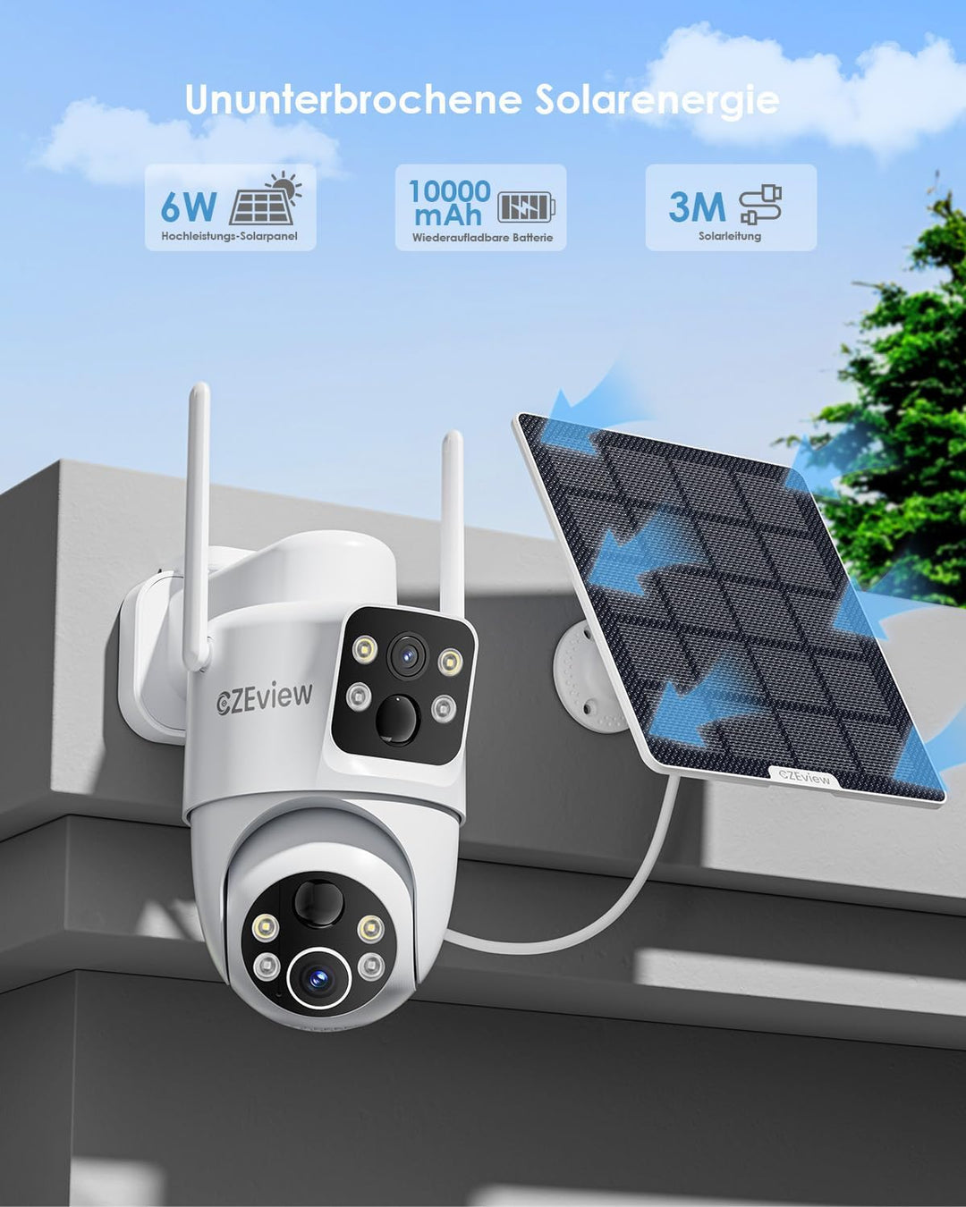 4MP Überwachungskamera Aussen Solar Akku, 360° PTZ Überwachungskamera Aussen, 2.4GHz WLAN Kamera Out