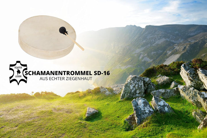 Classic Cantabile SD-16 Schamanentrommel 16" Set mit Ständer, Tiefe: 7 cm 16" Pferdehaut Trommel mit
