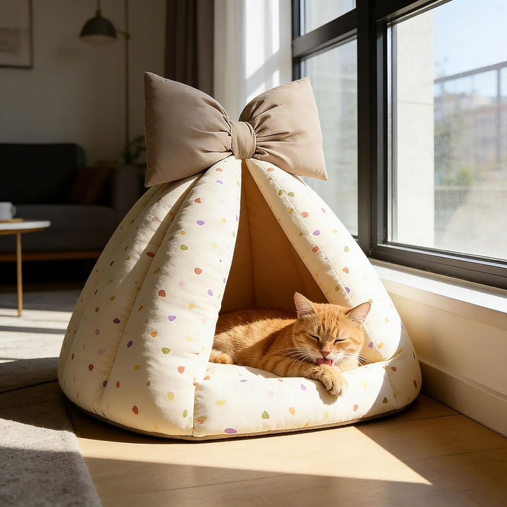 Generisch 2026 Weisses Katzenzelt mit Schleife, Katzenbett für Wohnungskatzen, süsses, weiches Zelt