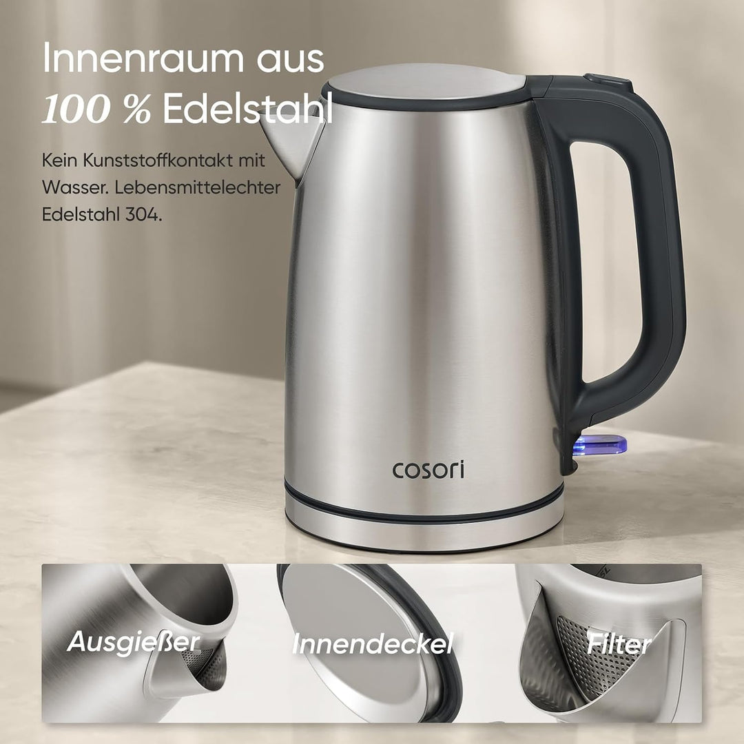 COSORI Wasserkocher Edelstahl, BPA frei, 1,7 L, Strix-Technologie, kocht in 3 Minuten, 2200W, Grosse