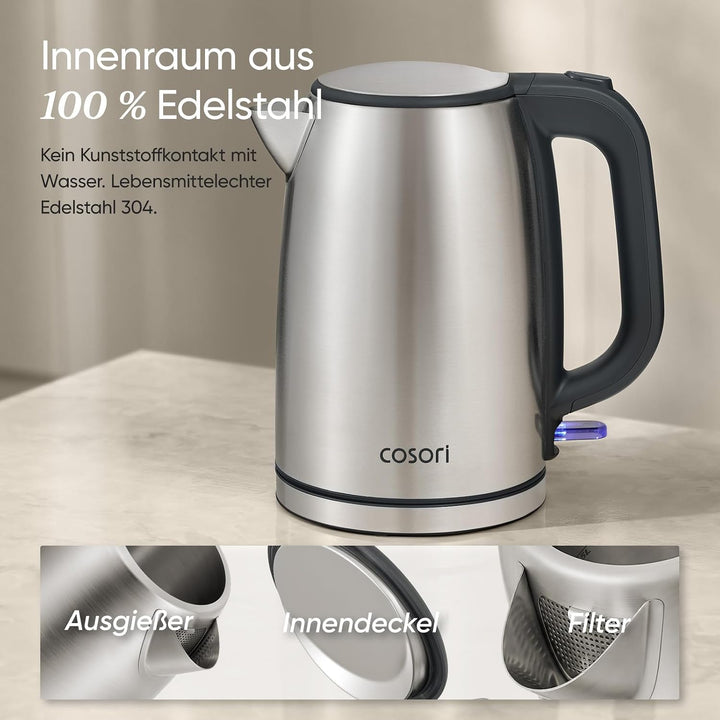 COSORI Wasserkocher Edelstahl, BPA frei, 1,7 L, Strix-Technologie, kocht in 3 Minuten, 2200W, Grosse