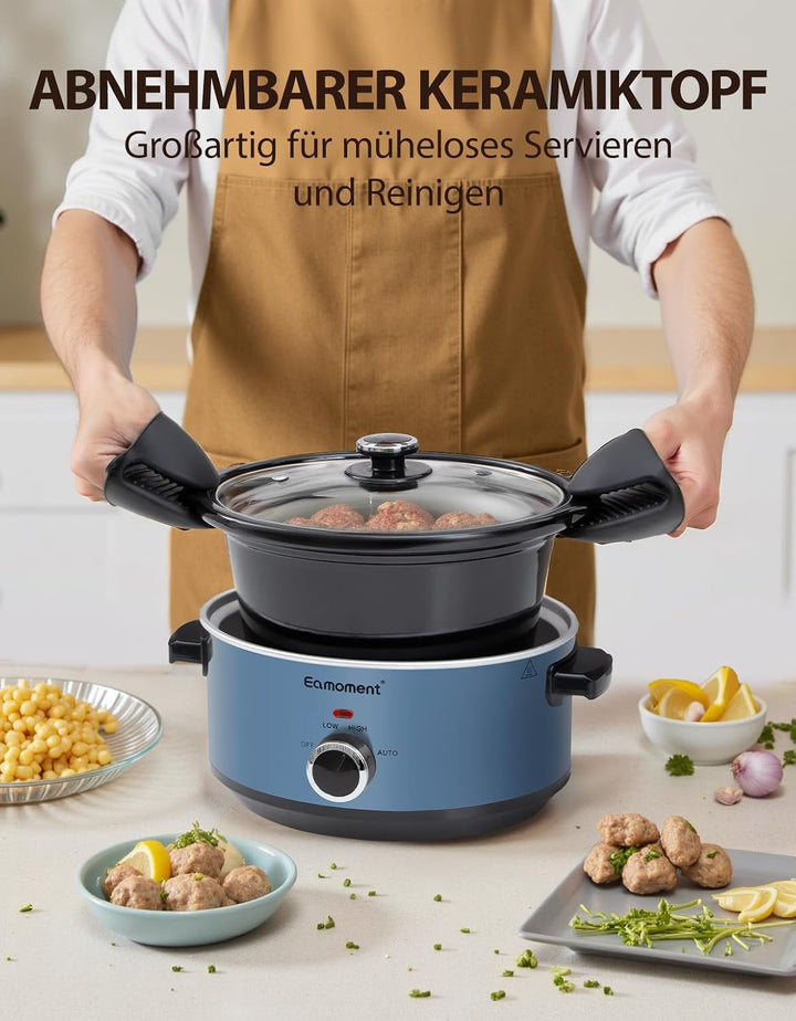 Slow Cooker, 3,5 Liter Edelstahl Schongarer mit Keramiktopf, Einstellbare Temperatur, Spülmaschinenf