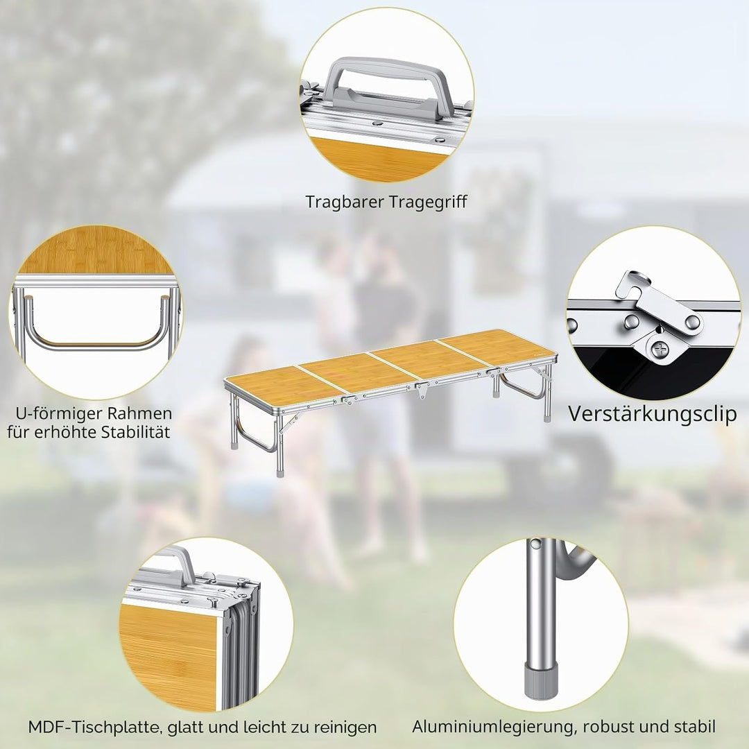 Anbte Campingtisch Klapptisch 116x40x26cm (LxBxH) mit Aluminium-Rahmen 4-Fach MDF Tischplatte Niedri