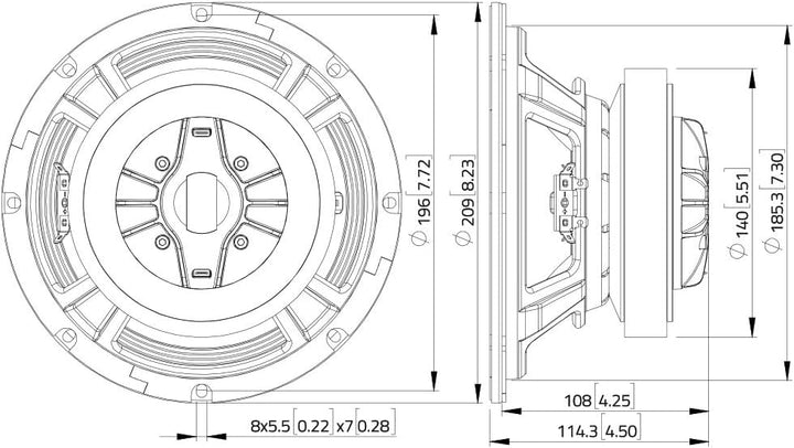 LAVOCE CSF082.00K 8" Coaxial Speaker, Ferrit, Steel Basked