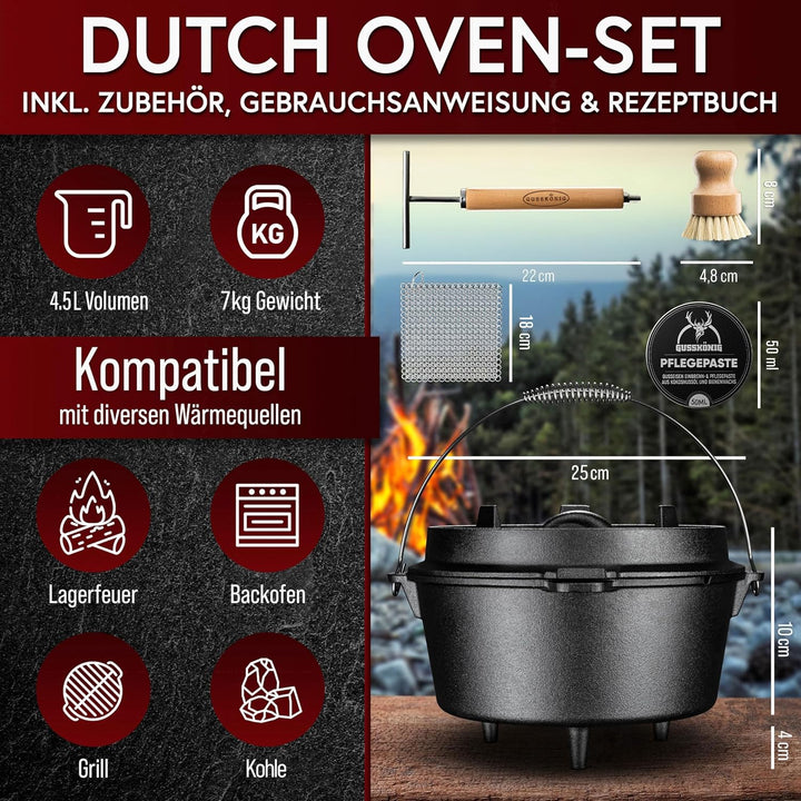 Dutch Oven Set–Eingebrannter Dutch Oven 4,5L [2–4 Person]–Feuertopf Gusseisen mit Füssen–Schmortopf