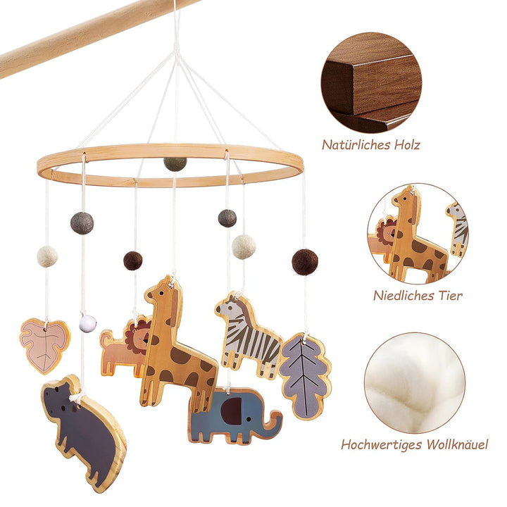 Mobile Baby Waldtiere, Holz Baby Mobile babybett spielzeug mit Wollknäuel Giraffe Löwe Elefant, Wind