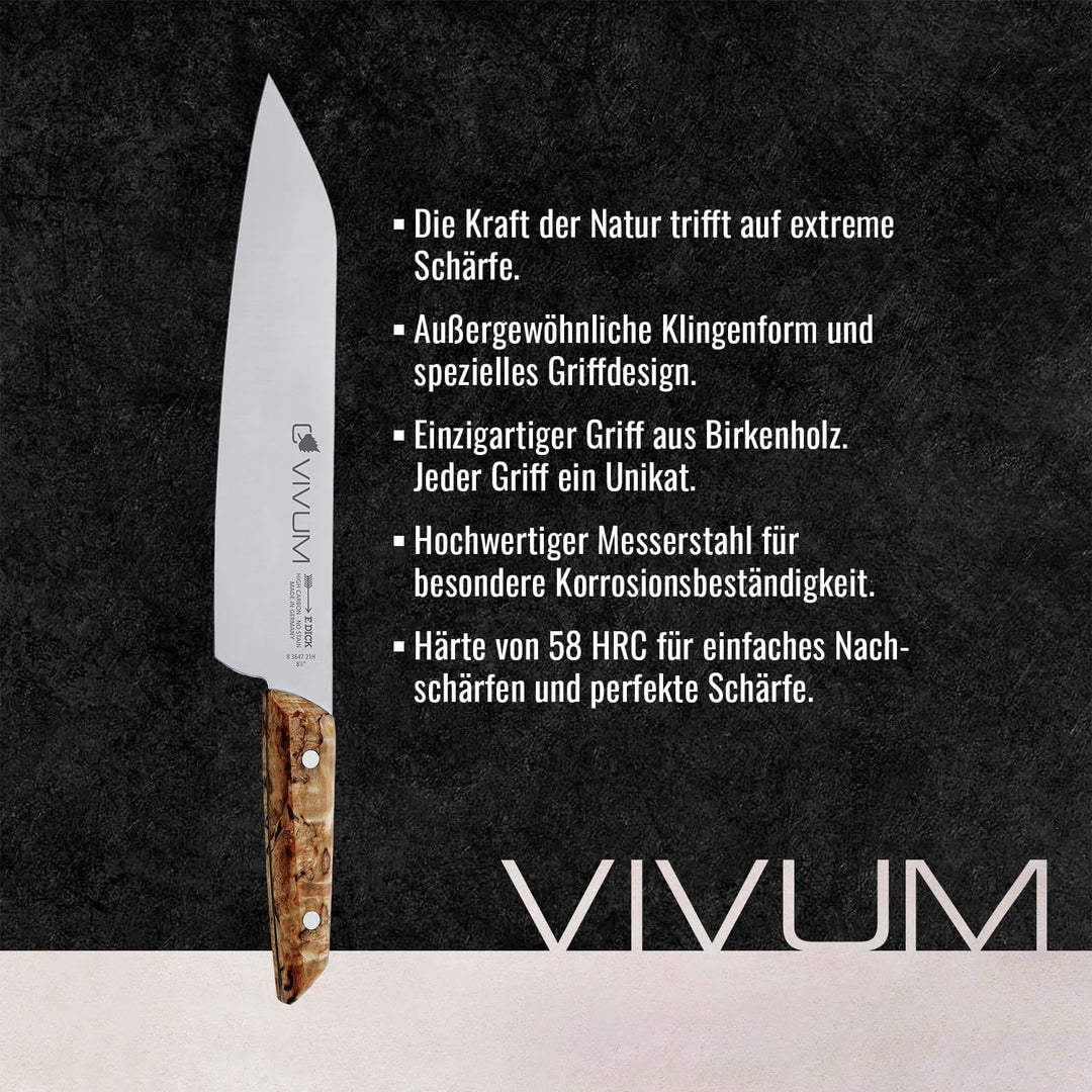 F. DICK Kochmesser VIVUM 21 cm - rostfrei, Klinge extra scharf, 58 HRC, Chefmesser Birkenholz Design