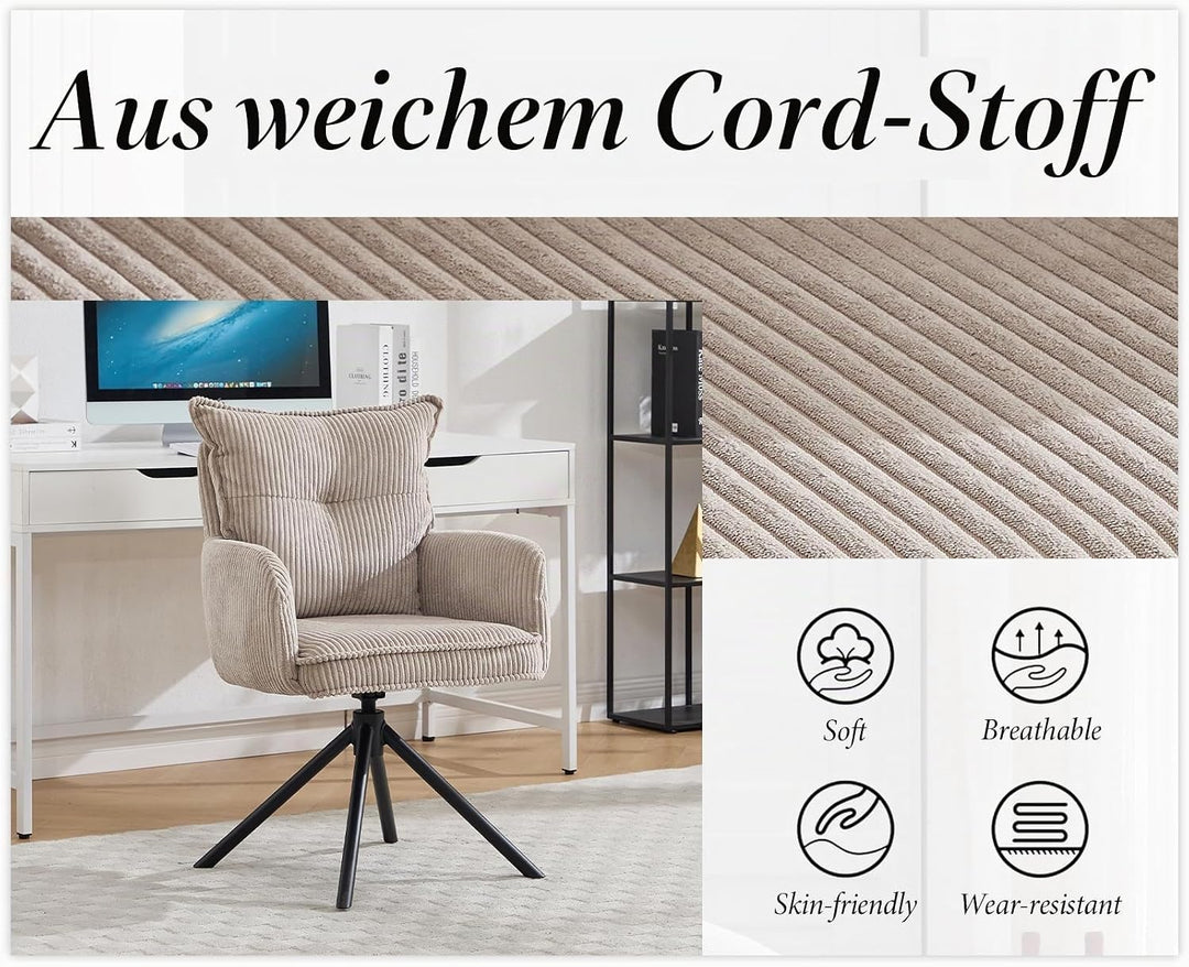 Ya-Home Modern Bürostuhl 360° drehbar mit Armlehnen Kordsamt, Grau, Grau