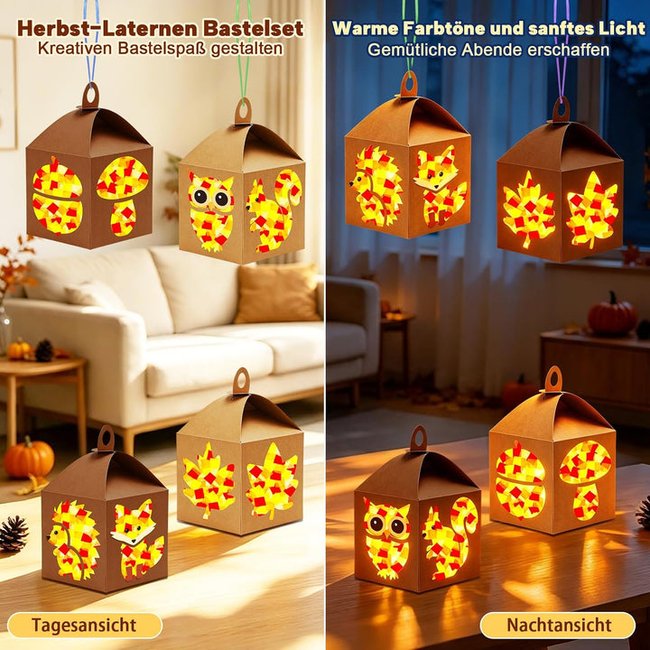 HILKKET Laternen Bastelset Kinder Herbst: 8 Eulen Fuchs Blatt LED Laternen, D