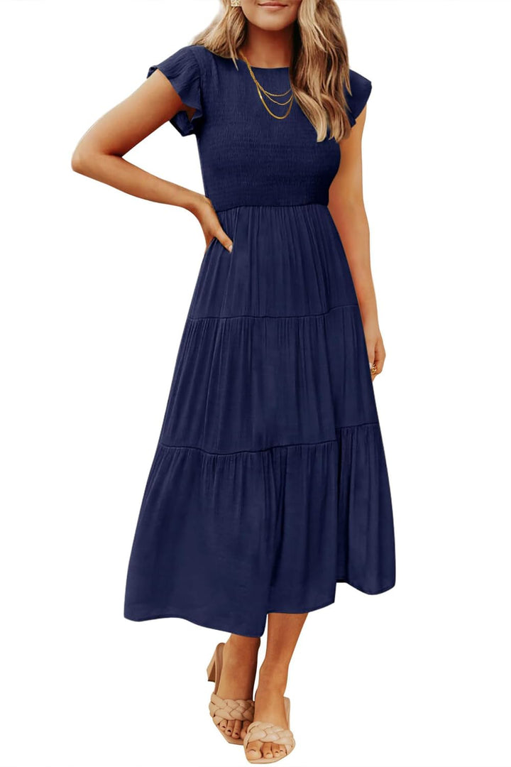 Damen Sommerkleid A Linie Kleider Kurzarm Kleid Midi Freizeitkleid M Dunkelblau, M Dunkelblau