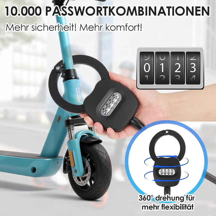 E Scooter Schloss mit Zahlencode, Schloss für E Scooter mit 4L Tasche, 150CM Handschellenschloss mit