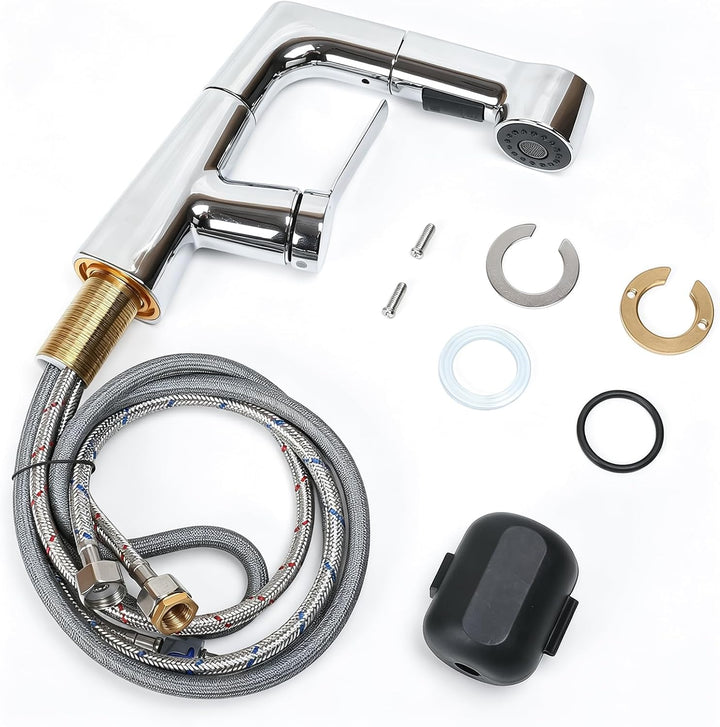 Wasserhahn Bad Höhenverstellbar 6cm Messing 360° Drehbar Chrom | Waschtischarmatur mit Herausziehbar